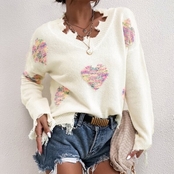 Cream Boho Hearts Oversized Distressed Frayed Hem Sweater - Picture 4 of 5